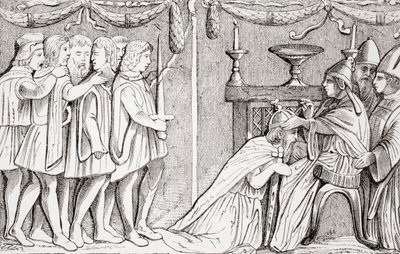 Crowning of Sigismund as Holy Roman Emperor by Pope Eugene IV in 1433, from "Universal History Ancient and Modern", published in Strasbourg c.1860 by French School