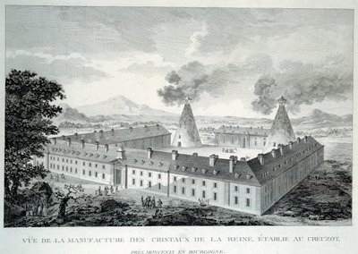 Crystal works of Queen Marie Antoinette at Creusot near Moncenis in Burgundy. Engraving from 1787 by French School