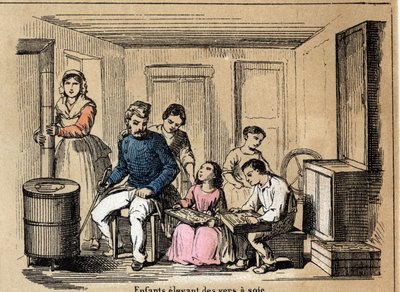 Description of culture and silk products: children raising silkworms. Plate 