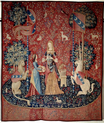 Curtain of the Lady to the Unicorn: allegory of smell. A young woman holding a crown of carnations, surrounded by a lion, a unicorn, a monkey, rabbits by French School