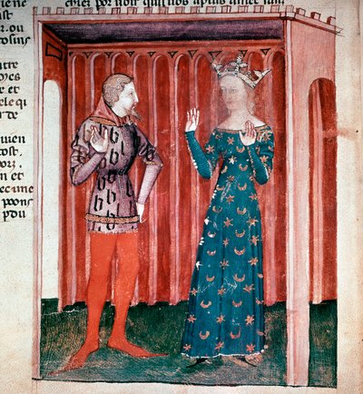 Cycle of King Arthur: Knight Lancelot du Lac and Queen Guenievre. Miniature from the manuscript 
