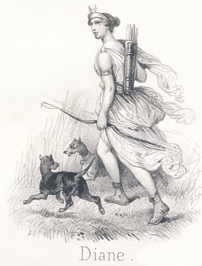 Diana: Twin sister of Apollo. In heaven, she was Phebe or Moon, tasked with illuminating the earth. In Hell, she was Hecate and presiding over the judgments of souls. On earth, she was Diana, goddess of hunting by French School