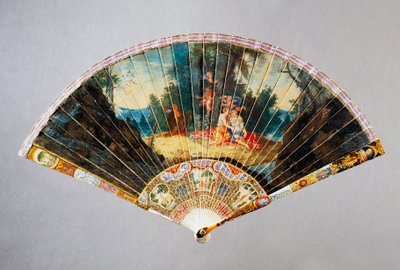 Damaged Vernis Martin-style hand fan depicting Gallant feast, swan leather with painted ivory guard stick by French School
