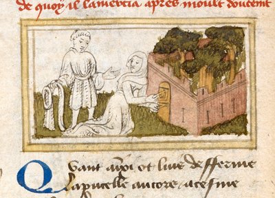 Dame Oiseuse admitting the Lover through the doors in the Garden of Pleasures, from 