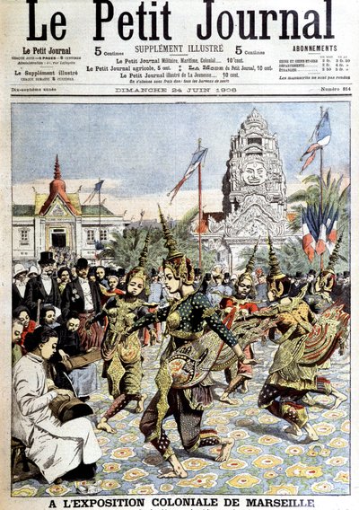 Dancers of King Sisowath, performing the dance of nymphs in the forest, at the colonial exhibition of Marseille. In “Le petit journal”, on 24/06/1906 (engraving) by French School