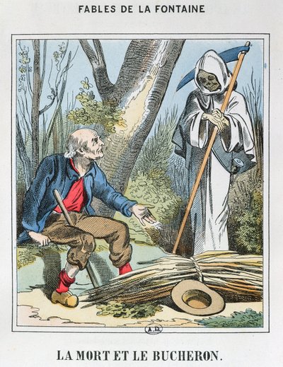 Death and the Woodman (coloured engraving) by French School