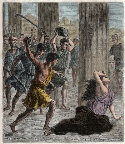 Death of Hypatia - Hypatia (c370-415) female mathematician and philosopher (Neoplatonist) murdered by followers of Cyril, Patriarch of Alexandria - Death of Hypatia - Engraving in 