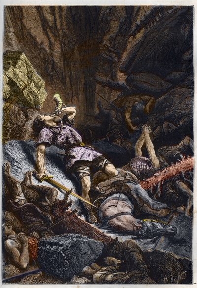 Death of the Knight Roland, nephew of Charlemagne, at the Battle of Roncevaux (778) opposing the Army of Charlemagne and the Saracens (engraving from L