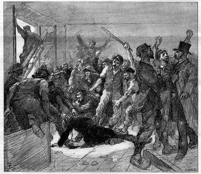 Decazeville (Aveyron) miners strike in 1886: engineer Watrin was murdered by the strikers. Engraving in Le Monde Illustre, 6 February 1886 by French School