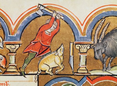 December, Sacrifice of a Pig, from the Psalter of Saint Elisabeth by French School