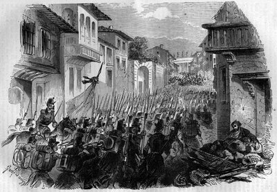 Defense of Rome against the French army. General Oudinot seized Rome at the Battle of the Janicule on 30 June 1849 and chased the revolutionaries in July to answer Pope Pius IX. Engraving in 