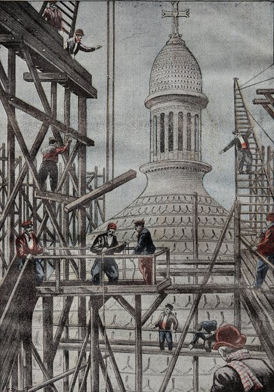 Demonstration of scaffolding unveiling the end of the construction of the dome of the Basilica of Montmartre. Engraving in 