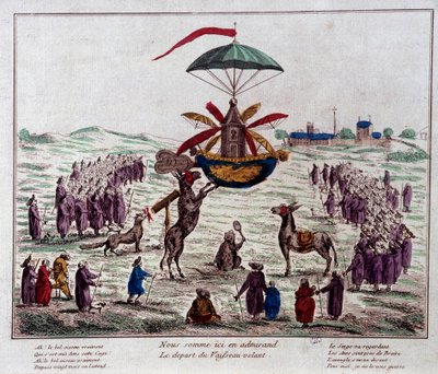 Departing the satire flying ship on the flying machine imagined by Jean-Pierre Blanchard: donkeys, monkeys and blind look at the strange machine equipped with six wings and a rudder. Engraving from the end of the 18th century. Paris, Musee Carn by French School
