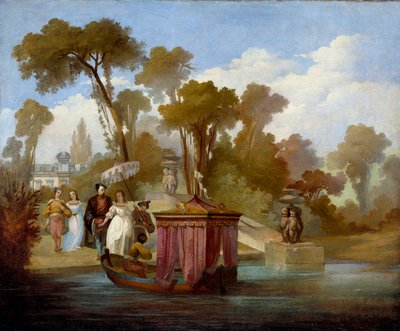Departure for the walk (in the 16th century). A couple waiting to get into a boat with a canopy by French School