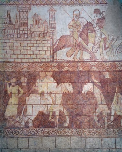 Departure of the Crusader Templar knights in 1163 from their Syrian castle of Krak des Chevaliers for the battle of Boquée by French School