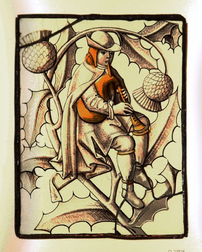 A musician playing the cornamuse - French glass by French School