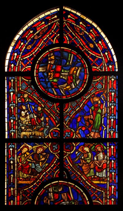 Part of a window from the church of Varennes-Jarcy (originally from the Abbey de Gercy?); scenes include the Annunciation to the Shepherds, the Synagogue and musician angels by French School