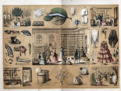 Description of culture and silk products: in the center the magnet and sericiculture. Representation of the manufacture of silk since the planting of the walls, the breeding of silkworms, the work of the spinning and the silk shops. Plate 