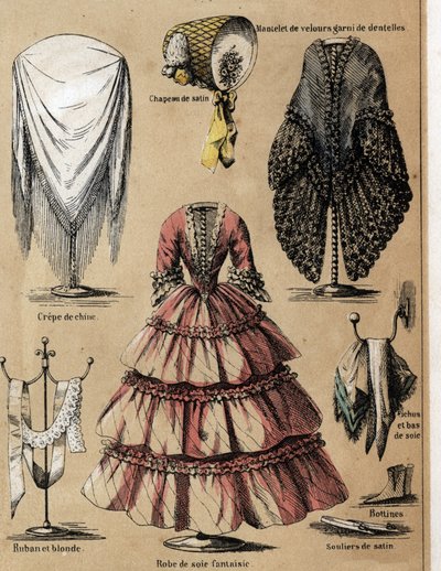 Description of the culture and silk products: a lime in crepe de chine, a velvet coat with lace, silk sleeves and a fancy dress. Plate 