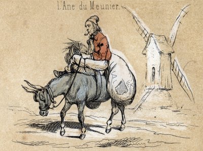 Description of the different products and uses of donkey: the animal helps the miller. (detail) by French School