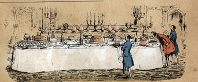 Description of the different products and uses of the cow: products from the cow can be found on the table of a mundane buffet during a ball. Plate 
