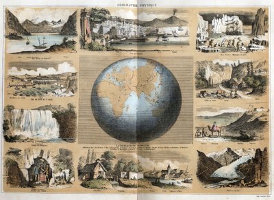 Description of the different types of landscapes and reliefs depending on the geography: in the center the Earth or globe with indications of the seas and oceans, continents, islands, mountain ranges, gulfs, caps, straits and isthmuses. View of Lake Geneva by French School