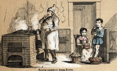 Description of the five senses: detail of the taste, a cook savours his sauce and children crunch in fruit. Plate 