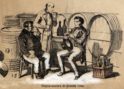 Description of the five senses: detail of the taste, the tasters of fine wines at the developpe palate savour glasses in a cellar. Plate 