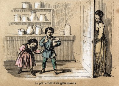 Description of the five senses: (detail) of the taste, two greedy children trapped by their mother who hides a pot with bitter taste among the other sugar jars. Plate 