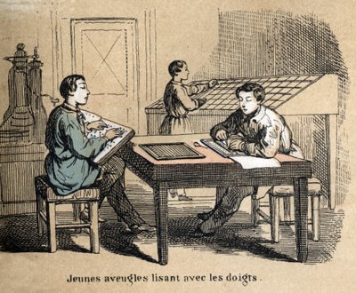 Description of the five senses: detail of touch, young blind boys use touch to decipher texts through the Braille alphabet, a tactile writing system. Plate 