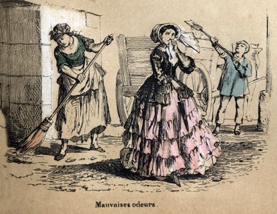 Description of the five senses: smell, a bourgeois clogging her nostrils so as not to smell the bad smells of manure and dung. Plate 