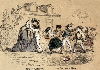 Description of the five senses: the touch, a mother hugging her child for maternal contact and the game of blind man