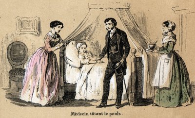 Description of the five senses: touch, a doctor taking the pulse of a sick girl. Plate 