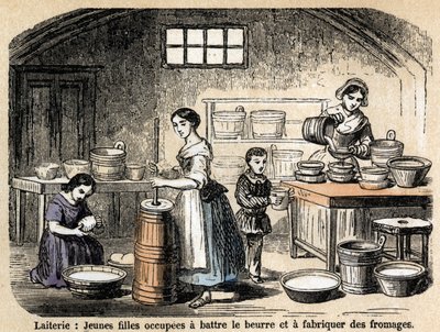 Description of the various jobs and sheep products: young dairy farmers making butter and cheeses in a dairy. Plate 