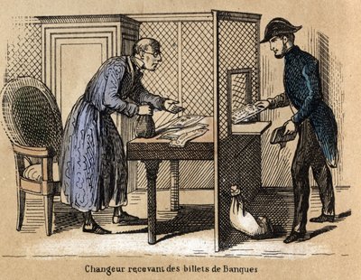 Description of the various products and uses of paper: a transaction at the bank, a banker receives paper banknotes. Plate 