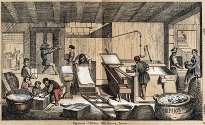 Description of the various products and uses of paper: activities in a stationery, making paper from rags, pulp, shapes and press. Plate 