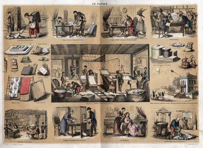 Description of the various products and uses of paper: at the centre are activities in a stationery, making paper from rags, pulp, shapes and press. Various uses, drawing paper, scientist Buffon writing his Natural History, reading public papers (newspaper by French School