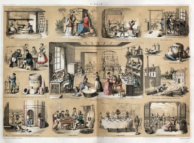 Description of the various stages of manufacture and uses of clay: in the centre a workshop for the manufacture of porcelain (painting, gilding, repairing), at the top stage of crushing the clay and then of its peeling, then description of the oven to bake by French School
