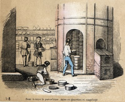 Description of the various stages of manufacture and uses of clay: view of a porcelain oven, gazetting and stacking. Plate 