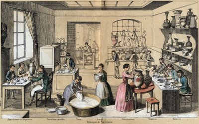 Description of the various stages of manufacture and uses of clay: view of a workshop with activities of repair, browning, gilding, painting, lathe work, molding and email. Plate 