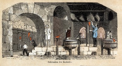 Description of the various stages of manufacture and uses of glass: the manufacture of bottles in a glass blower workshop. Plate 