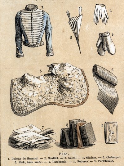 Description of the various uses and products of sheep: leather working and representation of products of sheepskin, hussard jacket, bellows, gloves, bindings and parchment, wallet and accessories. Plate 