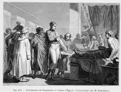 Desgenettes devotion to the army of Egypt (giving his blood) - engraving by French School