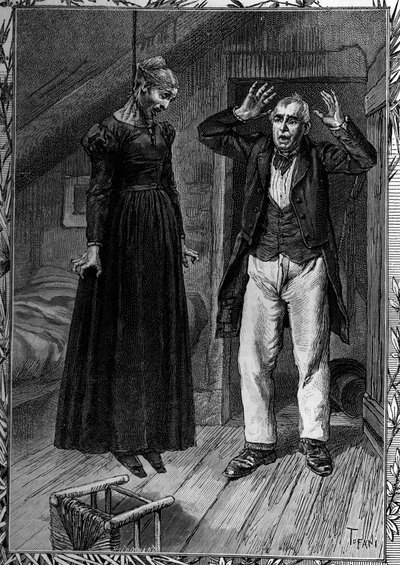 Dishonored by poverty, a woman commits suicide in her room, to the great disgrace of her neighbor. Engraving in the illustrious journal 