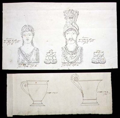 Designs for gilt bronze ormolu furniture mounts and French Empire porcelain cups, c.1820 by French School