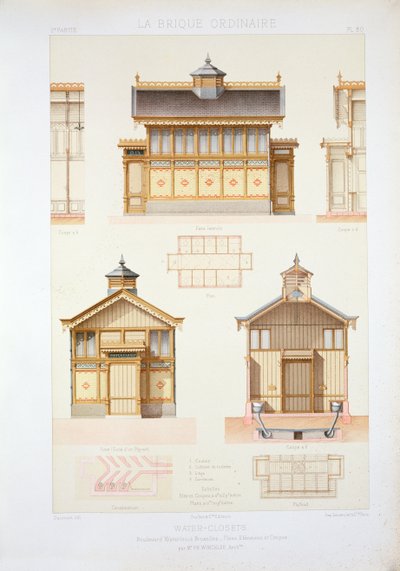 Designs for railway station platform water closets by French School