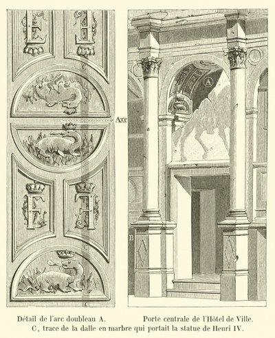 Detail of the double arch A, Central Gate of the Hotel de Ville, C, trace of the marble slab that bore the statue of Henry IV by French School