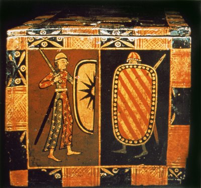 Detail from a wedding chest depicting soldiers dressed for battle by French School