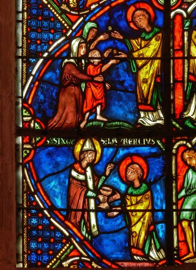 Detail from a window depicting scenes from the life of St. Laurence by French School
