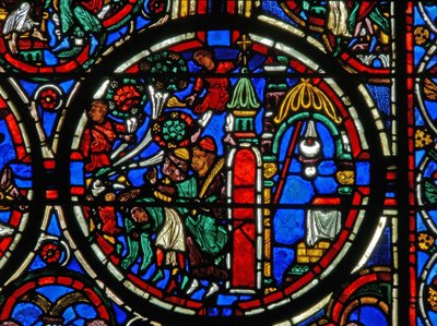 Detail from a window depicting the Passion: Christ being greeted on his entry to Jerusalem by French School